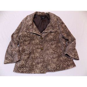 8 TALBOTS Ladies Leopard Animal Print Fuzzy Coat Jacket Brown Black 3/4 Sleeves